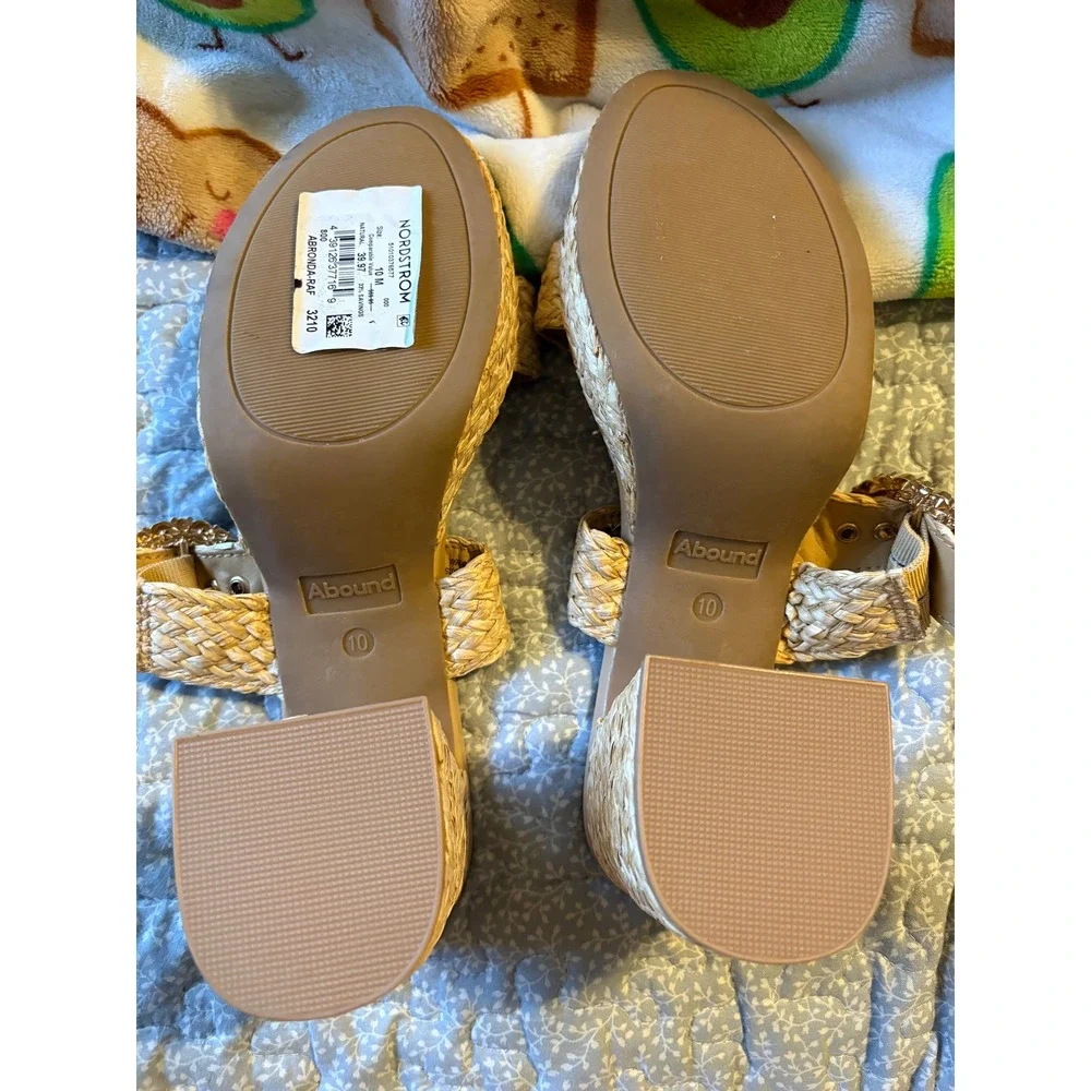 Abound Ronda Natural Raffia Crystal Buckle Platform Block Heel Sandals Womens 10